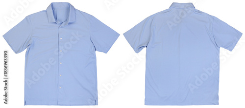 Front and back view of light blue button-up shirt