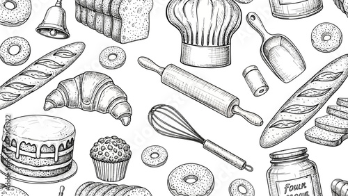 Hand-drawn bakery illustration featuring bread, cakes, croissants, donuts and baking tools creating a charming vintage kitchen and pastry theme