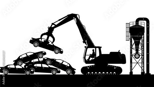 Excavator lifting damaged cars in scrapyard, showing automobile recycling, metal waste management, vehicle disposal and industrial junk processing
