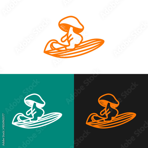 Stylized mushroom surfing on board against colorful background