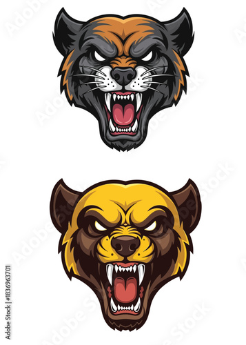 Two aggressive animal mascot heads, one black and orange panther, one yellow and brown wolverine, roaring with bared teeth.