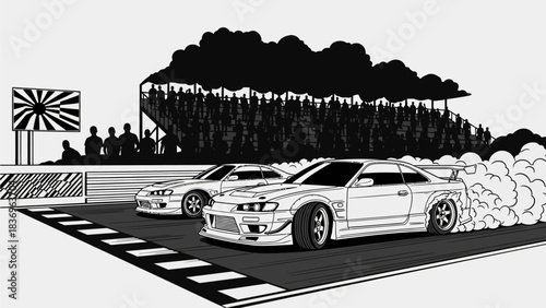 High speed Japanese drift battle on race track with crowd cheering and smoke filled corners in bold illustration