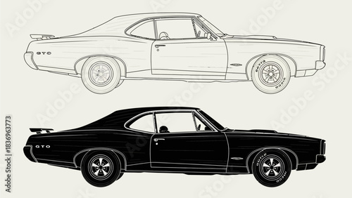 "Side-by-side illustration of a classic muscle car, showcasing a line drawing and a solid black version."