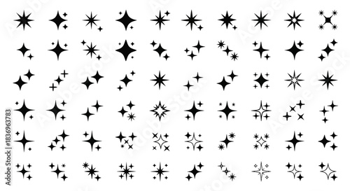 "Collection of star and sparkle icons, featuring various shapes and sizes for decoration and design."