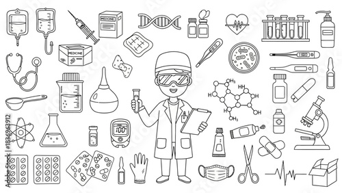 Large Collection of Outline Medical and Scientific Icons, Featuring Healthcare Equipment, Laboratory Tools, and Research Elements