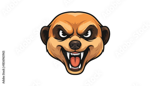 Aggressive cartoon meerkat head with fangs and angry expression, mascot illustration.