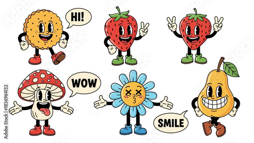 Groovy Retro Cartoon Characters Collection Fun Food and Nature Illustrations with Cheerful Expressions and Speech Bubbles for Playful Designs