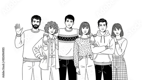 “Happy group of diverse young friends standing together, smiling, posing casually, and enjoying relaxed friendly moments”