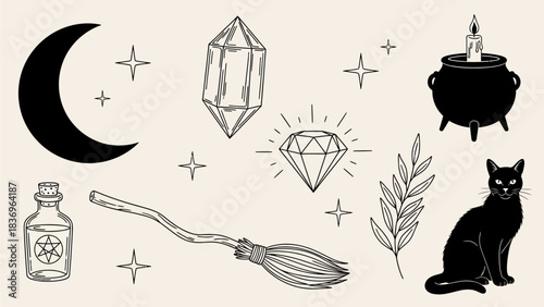 “Mystical witchcraft illustration featuring moon, crystals, cauldron, potion bottle, broom, magical symbols, and black cat”