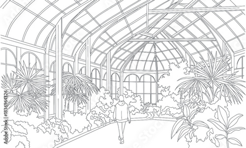 Person Walking in a Large Glass Greenhouse with Plants