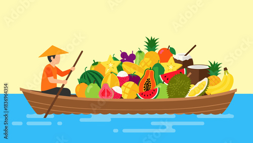 Colorful assortment of fruits and vegetables overflowing a small boat on a sunny day at sea.