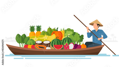 A Farmer Paddles a Small Boat Heaped with Fresh Produce Toward the Market.