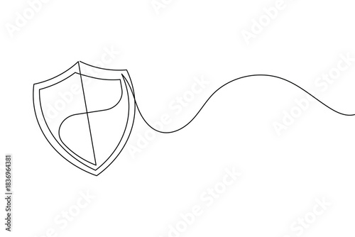 Continuous line drawing of a shield with a flowing line extending to the right.