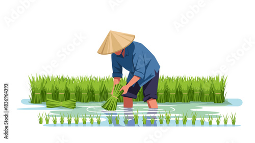 Animated farmer tending rice paddy in a sunny rural scene with water and vegetation.