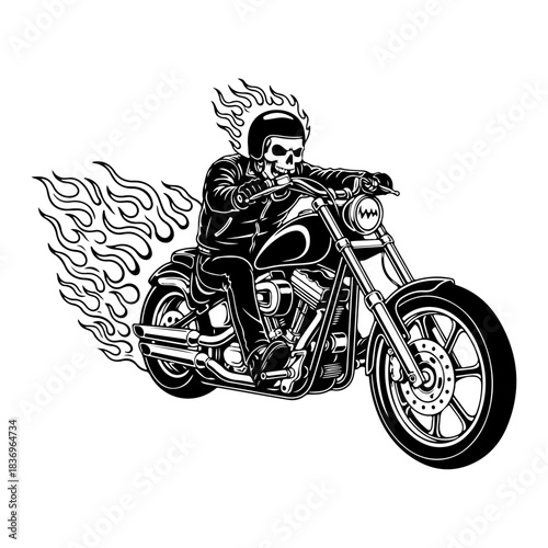 Bold black and white illustration of a blazing skull rider on a powerful motorcycle, exuding intense speed and fiery determination