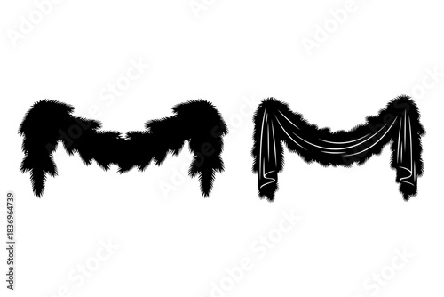 Elegant black vector silhouette set featuring a lush leafy garland and a graceful draped fabric swag, ideal for classical, festive, or ornamental design projects