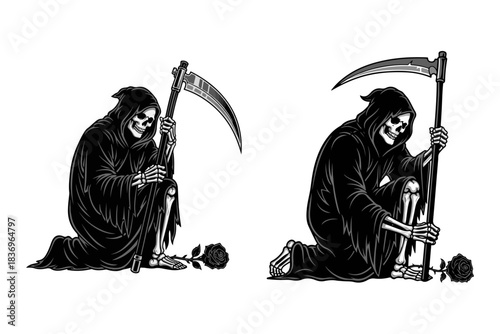 Two somber depictions of the hooded skeletal figure of death, the Grim Reaper, kneeling with a scythe and a wilting rose, symbolizing mortality and loss and the fleeting nature of existence