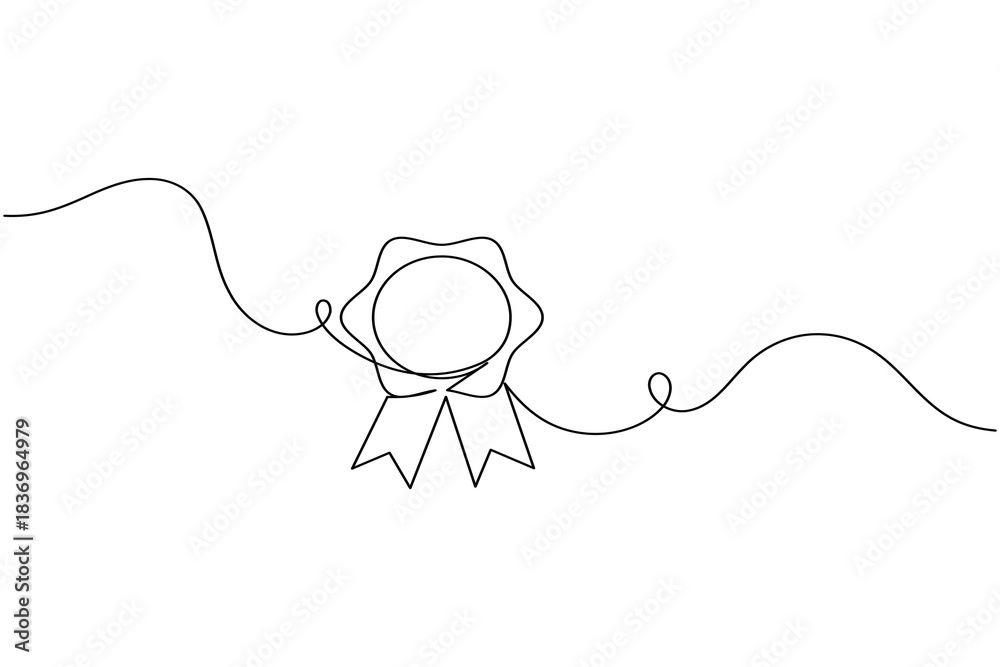 Fototapeta premium Single line drawing of a medal award with ribbon and wavy line