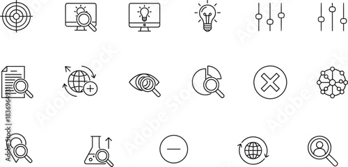 Data analysis, research, and optimization vector icons set; perfect for business, technology, science, and user experience  design projects, maintaining high search engine optimization.