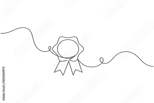 Single line drawing of a medal award with ribbon and wavy line