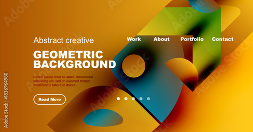Abstract design features vibrant shapes, gradients. Website header includes navigation, text, button. Warm color palette dominates composition.