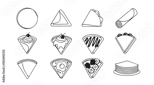 Hand drawn sweet and savory crepe varieties collection delicious food art icons vector