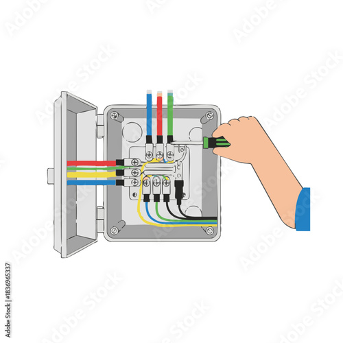 Minimal flat vector illustration of an electrician wiring a junction box with multiple cables and connectors in clean geometric style on a white background for electrical installation concepts