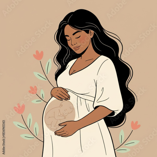 A beautiful pregnant woman with thick black hair. A light brown background with a mix of flowers. Concept of family, motherhood, and pregnancy. Modern flat vector illustration. Clipart for design.