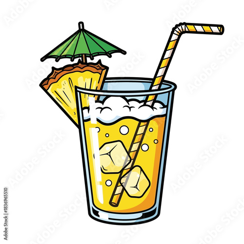 Refreshing citrus beverage with ice and striped straw garnished with lemon and