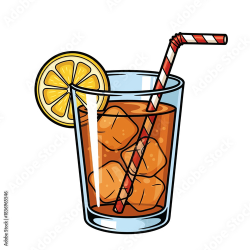 Refreshing citrus beverage with ice cubes and striped straw for a cool summer