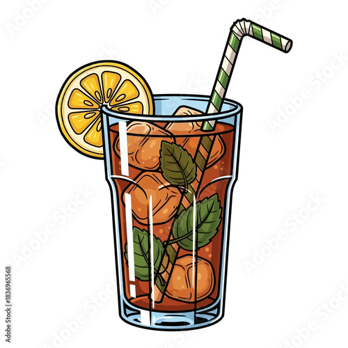 Refreshing citrus and mint iced tea served with a striped straw in a tall glass