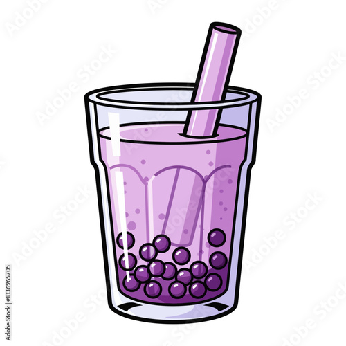 Illustration of a glass filled with purple bubble tea featuring a wide straw