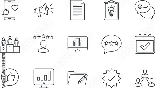Digital marketing, business success, and user feedback outline vector icons set,essential for advertising, SEO, social media, and rating review projects maintaining high visibility.