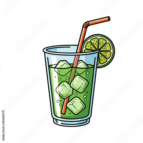 Refreshing citrus infused green beverage with ice and a bent straw in a clear
