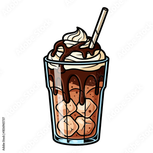 Delicious layered chocolate and vanilla ice cream sundae with toppings and straw