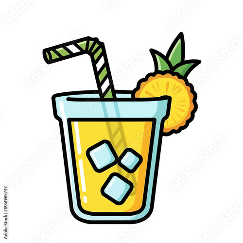 Fresh tropical pineapple and ice beverage with striped straw and citrus garnish