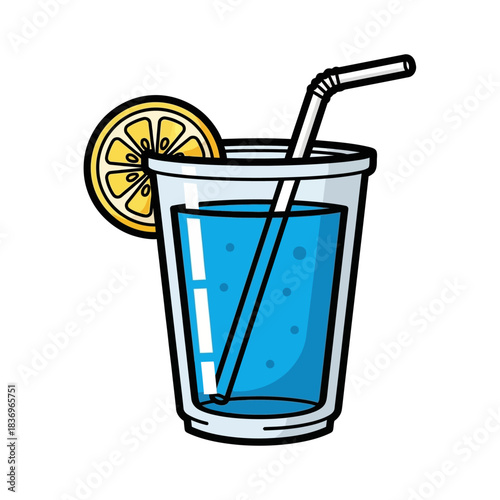 Refreshing citrus-flavored blue beverage in a clear glass with a straw and