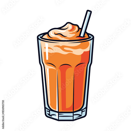 Refreshing cold beverage with whipped topping and a straw in a clear glass