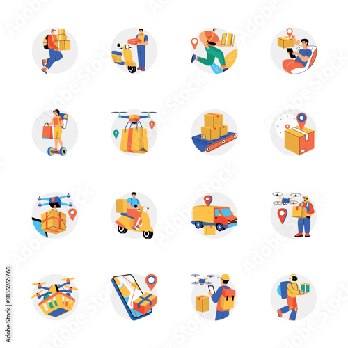 Handy Pack of 16 Online Delivery Flat Style Illustrations 