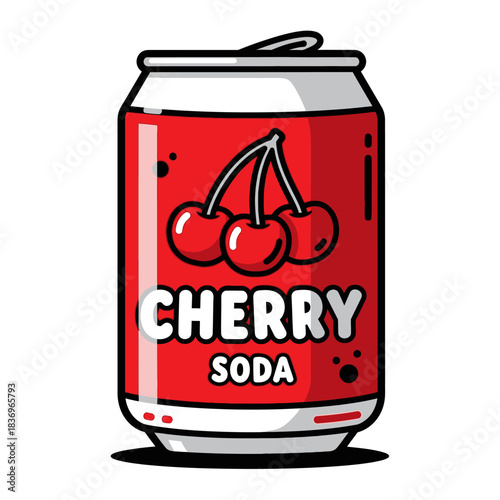 Bright red cherry soda can with playful design and vibrant illustration