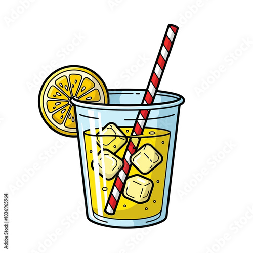 Colorful cartoon cold beverage with lemon slice and striped straw in a