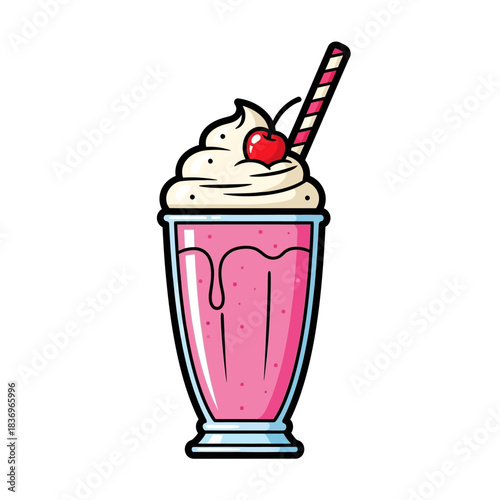 Illustration of a vibrant pink creamy milkshake in a tall glass topped with