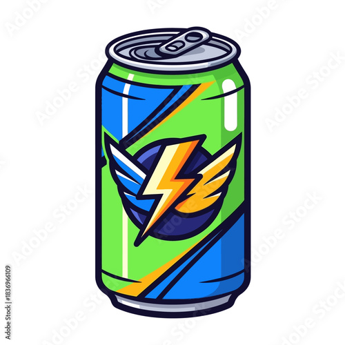 Colorful Energy-Boosting Beverage Can with Dynamic Design and Vibrant Graphics