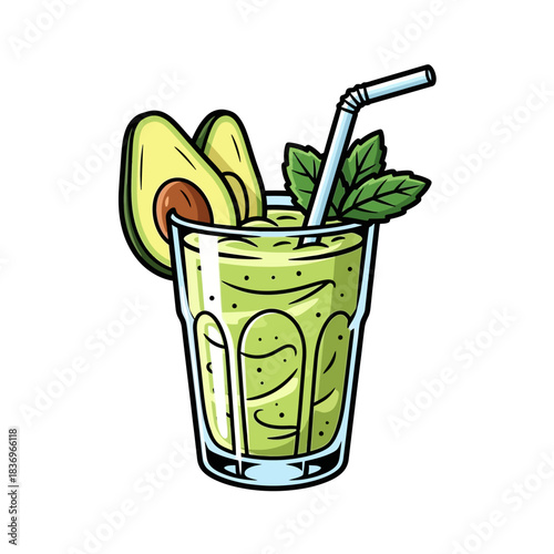 Fresh creamy avocado and mint beverage served with a reusable straw in a clear