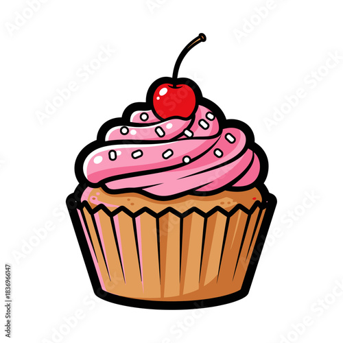 Colorful cartoon cupcake with pink frosting cherry and sprinkles ideal for