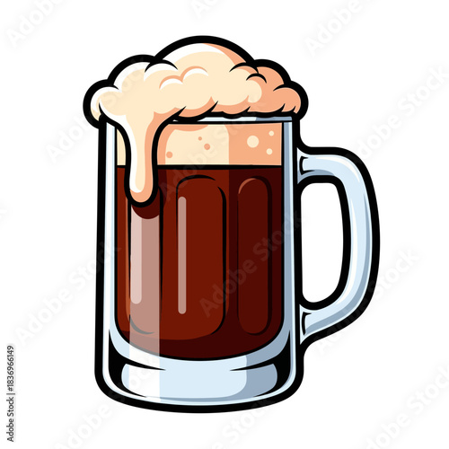Creative illustration of a frothy mug of dark beer with detailed bubbles and