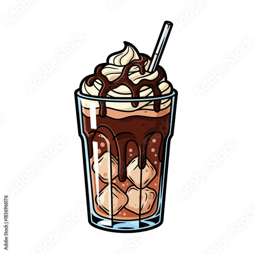 Deliciously Rich Chocolate Ice Cream Sundae with Whipped Topping and Straw in