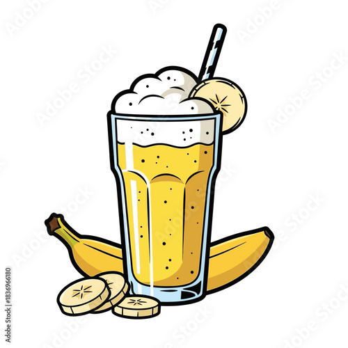 Refreshing banana flavored beverage with ice and creamy foam presentation