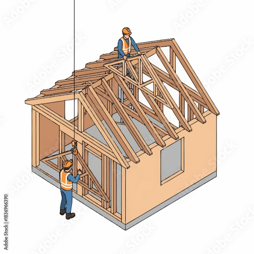 Construction workers building a house frame with wooden trusses.