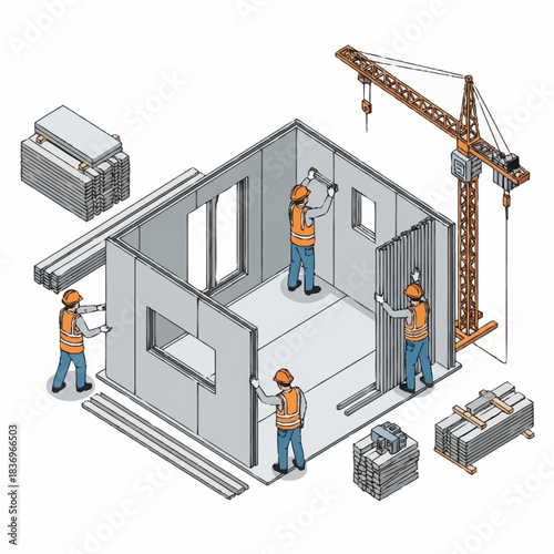 Construction workers assembling a modular building with a crane.